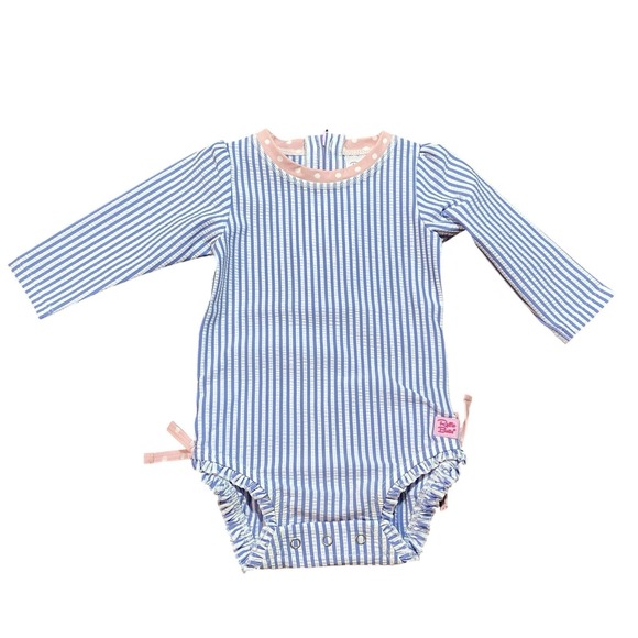 Ruffle Butts Seersucker Long Sleeve Rash Guard Bathing Suit Baby 6-12m Striped - Picture 1 of 5
